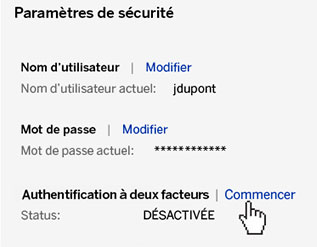 Capture d'écran Paramètres de sécurité